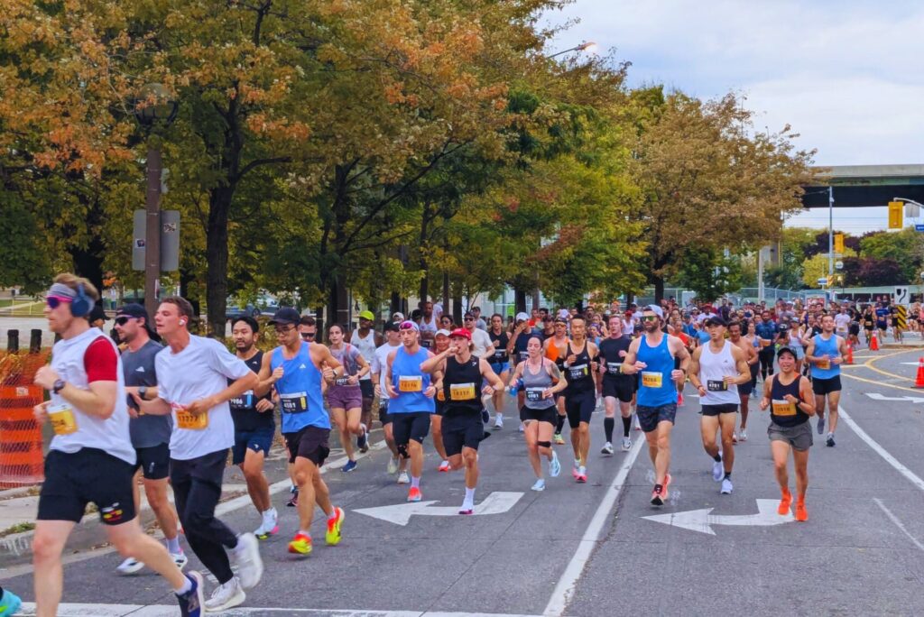 Marathon runners half way through a race.