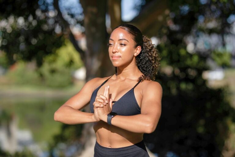 A woman doing yoga.