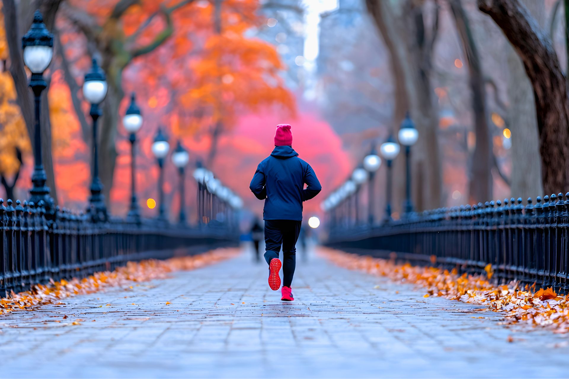 A runner jogging in fall.