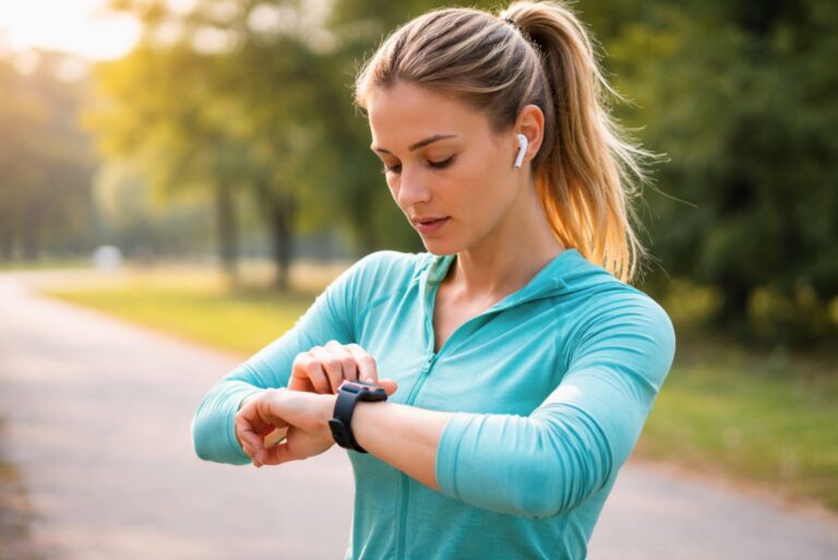 A runner checking her heart rate on her sports watch.