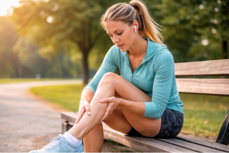 Should you run with sore legs? A runner massages her calf in the park.